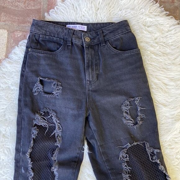 Zara Basic Z1975 Denim Women’s High Waisted Black High Rise Ripped Jeans Size 2 - Picture 2 of 13